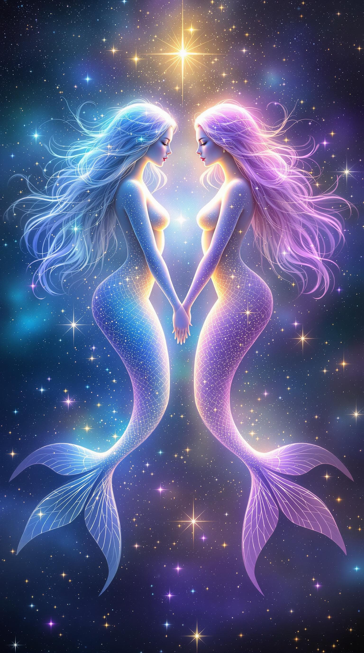 AI generated:  mage is a digital fantasy artwork featuring two ethereal mermaids set against a cosmic background f...