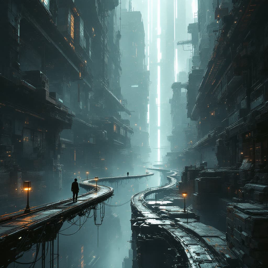 AI generated: sci-fi art, reminiscent of classic cyberpunk themes,with some orage light,focusing on scale and the ...
