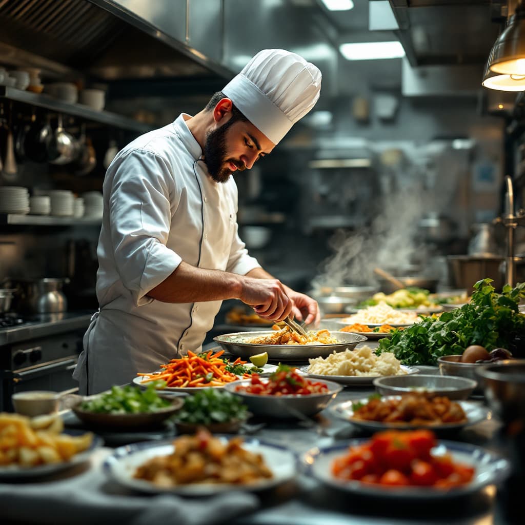 AI generated: a chef in a very busy kitchen cooking various meals