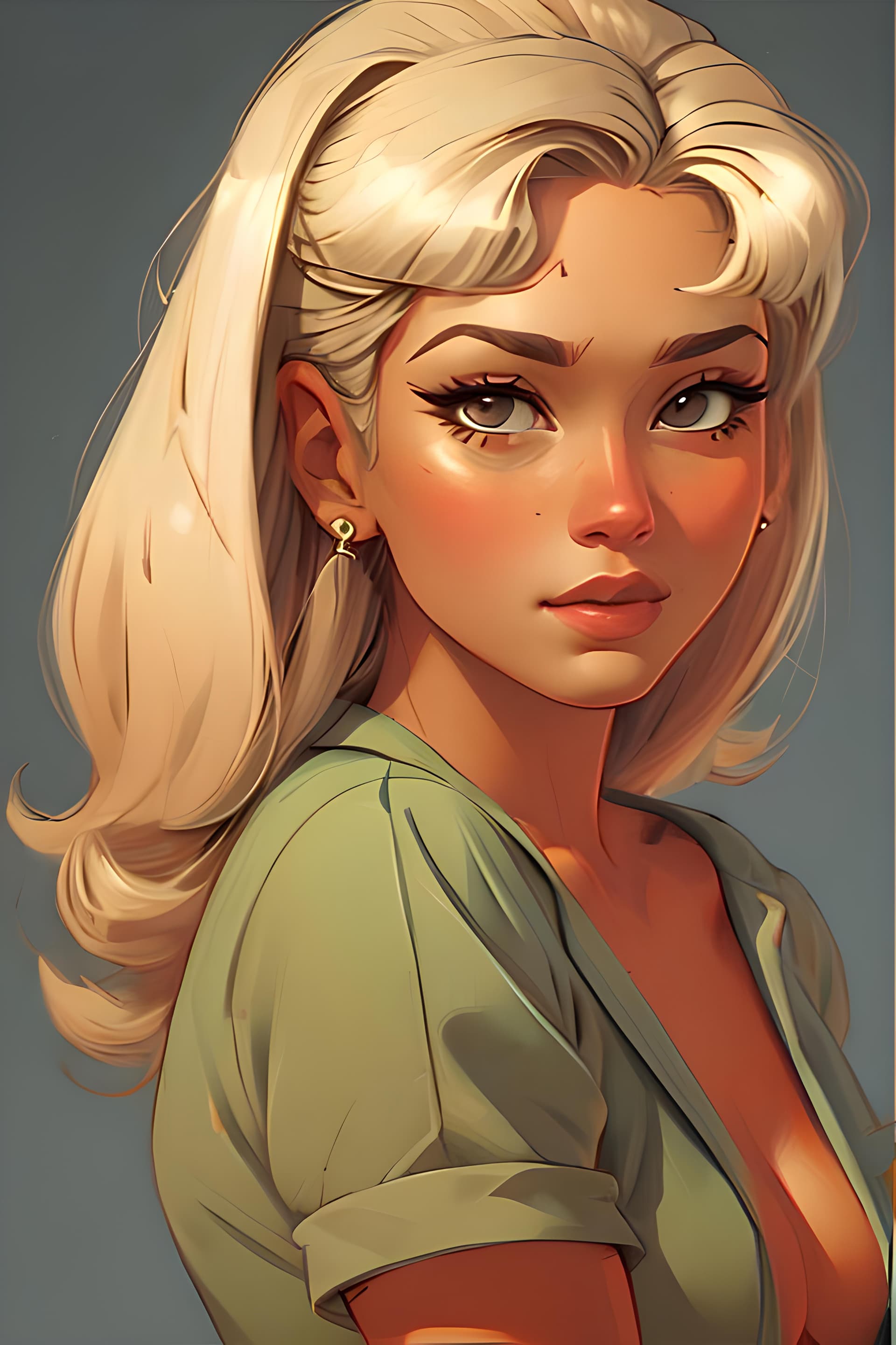 AI generated: a woman with blonde hair and blue eyes, digital art, inspired by Art Frahm, martin ansin, gil elvgre...