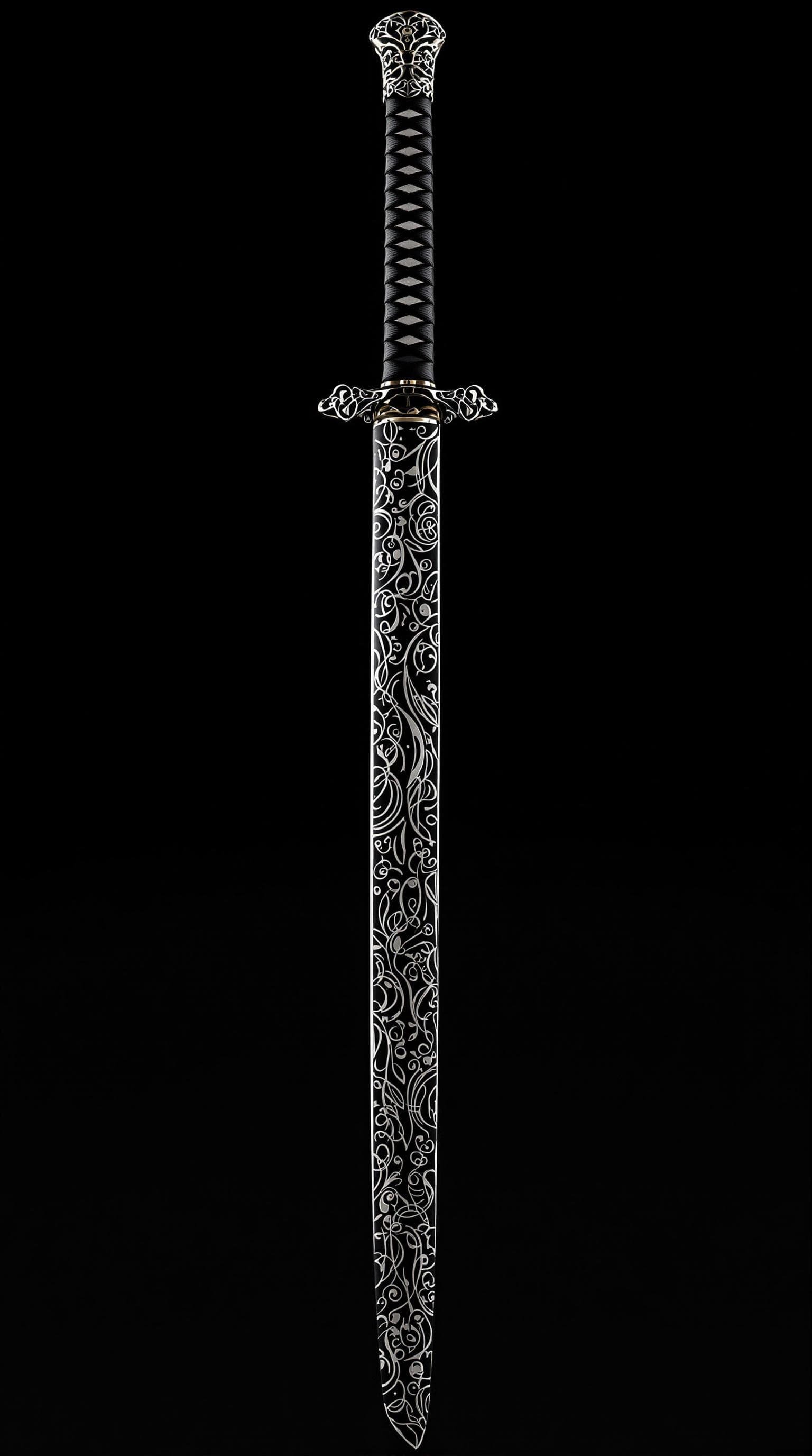 AI generated: A intricately designed black katana. The blade is curved and unsheathed standing vertically. 