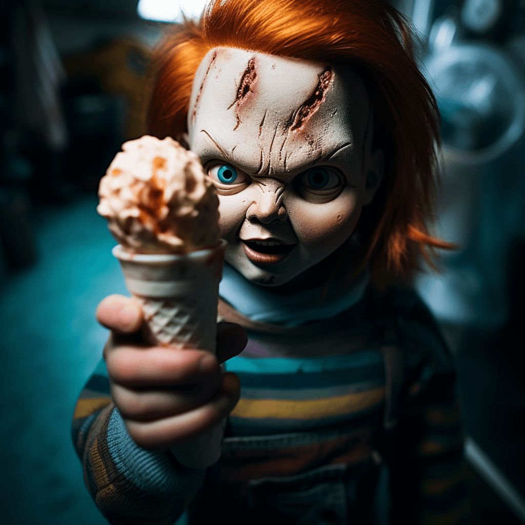 AI generated: Extreme close-up of Photo Realistic Chucky from the "Child’s Play" movie is holding a large vanilla ...