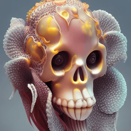 AI generated: Goddess close-up portrait ribcagel. jellyfish phoenix head, nautilus, orchid, skull, betta fish, bio...