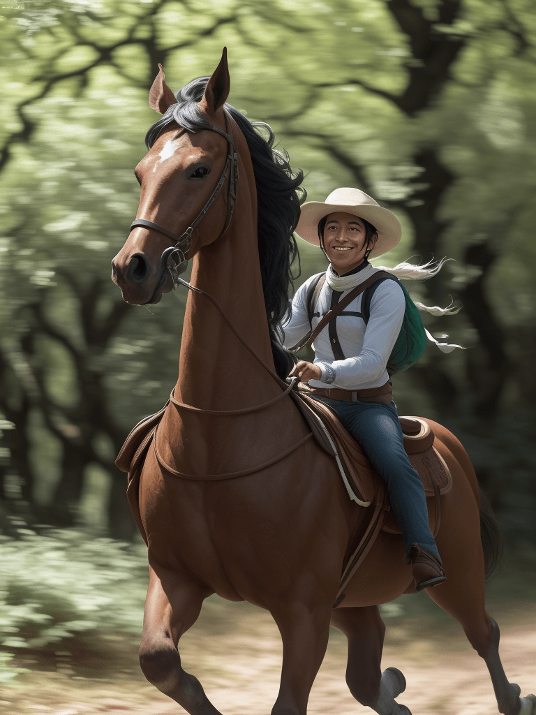 AI generated: caballo, sonriendo, corriendo por el bosque , Fujifilm X-T4, Sony FE 85mm f/1. 4 GM --ar 4:5 --q 2 -...