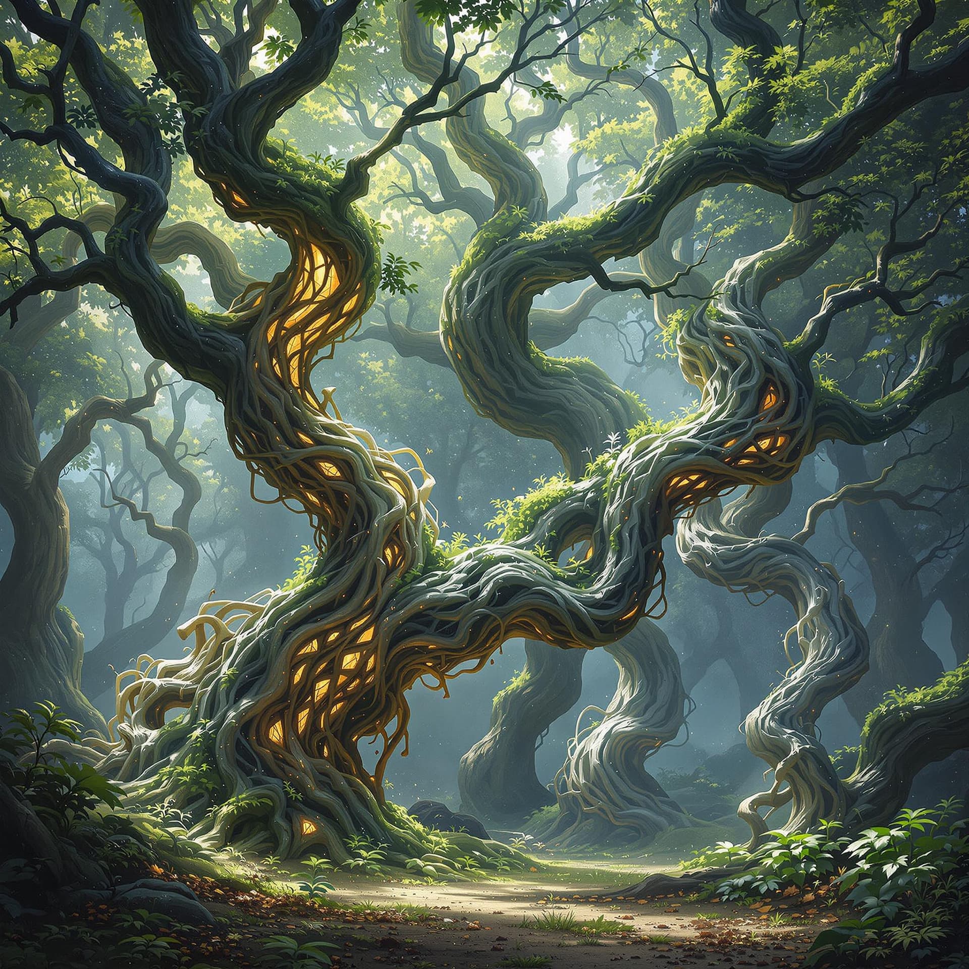 AI generated: realistic image showcasing the concept of “arbomorph,” depicting tree-like forms that blend natural ...