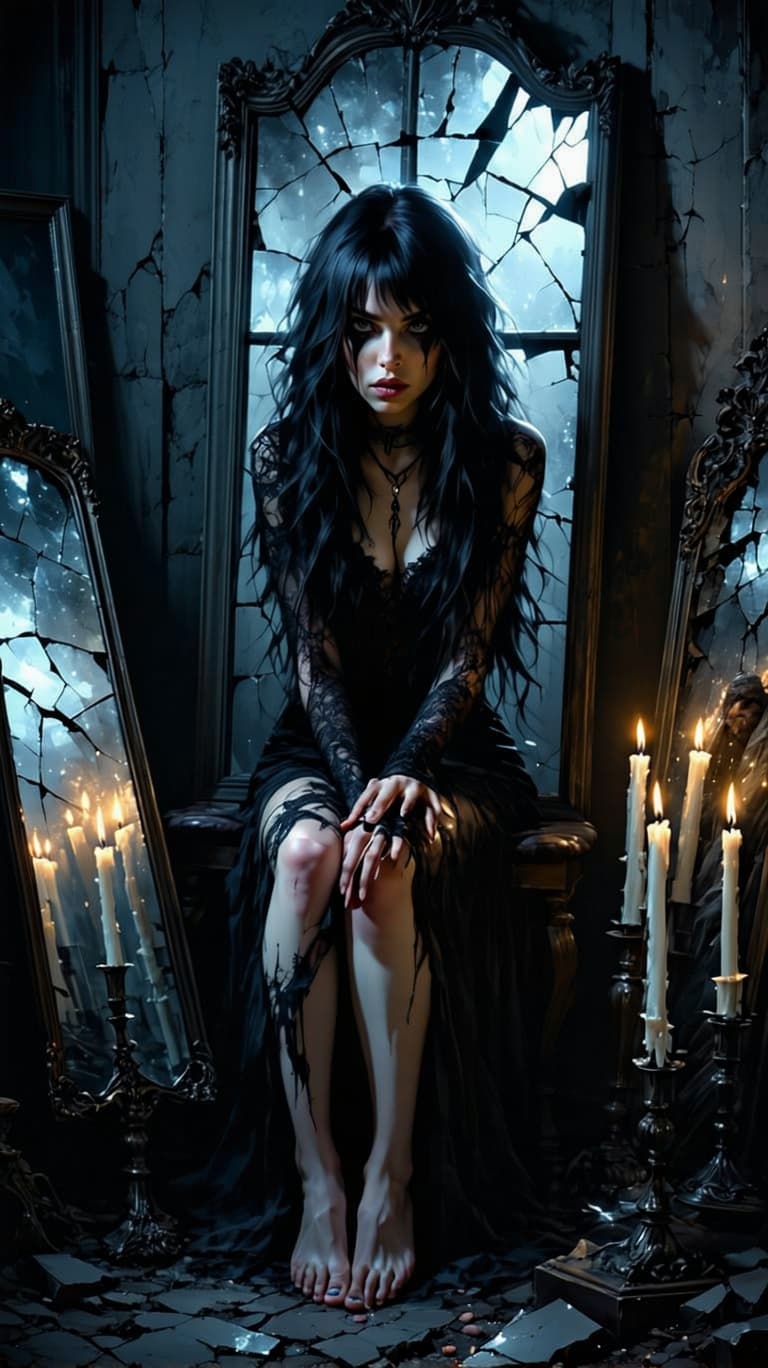 AI generated: A solitary female goth figure with long black wavy hair and bangs in a dark, candlelit room, surroun...