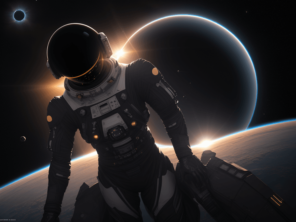 AI generated: infinite black outer space/epic extreme long shot of an astronaut in a futuristic space suit suspend...