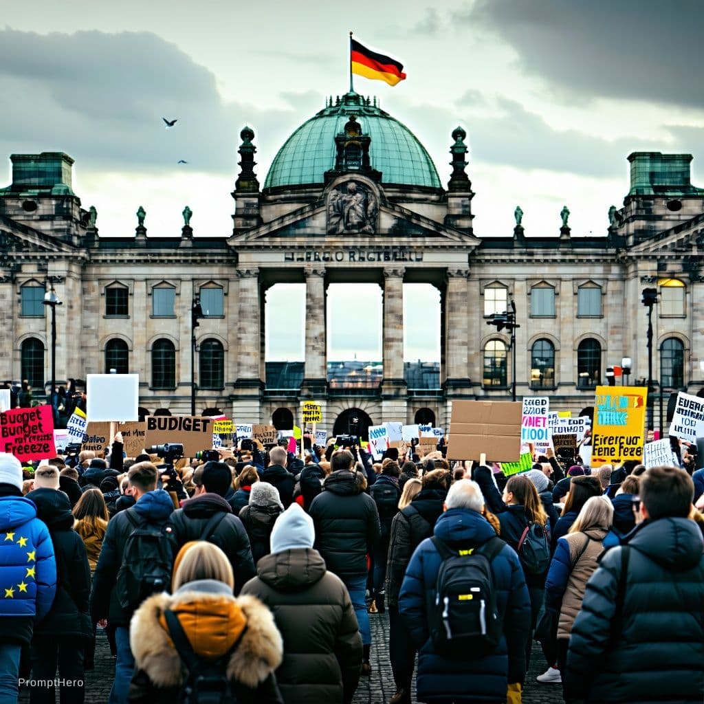 AI generated: Photorealistic news-style photo of Berlin’s Reichstag during a tense political moment. Overcast sky,...