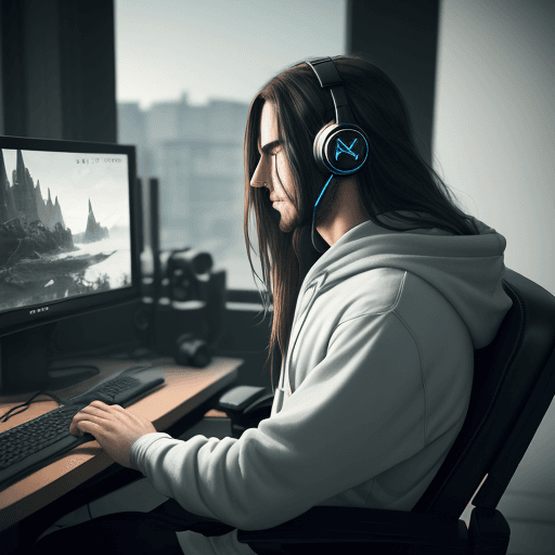 AI generated: guy, on gaming chair, wearing headphones, hoodie,  long hair, facing computer, side view, minimalist...