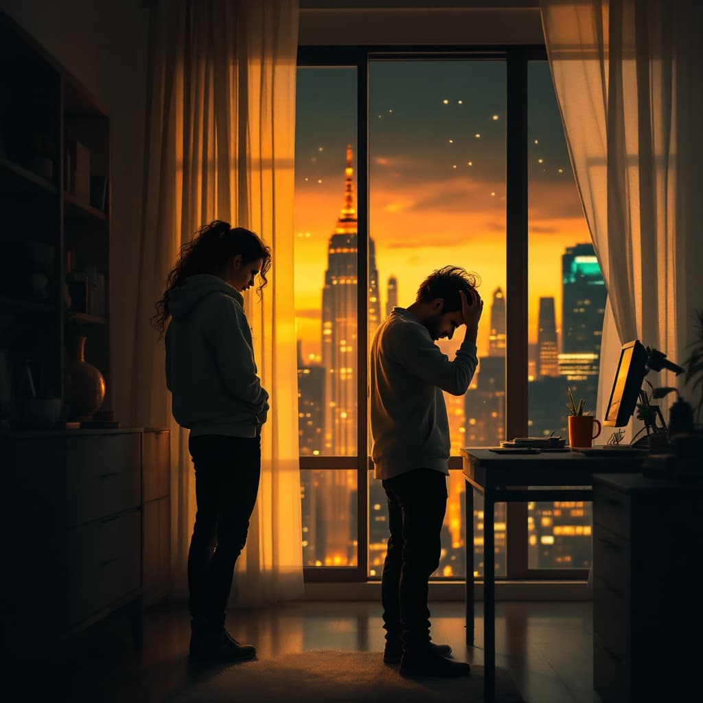 AI generated: "A cozy yet tense evening setting. A man and a woman stand apart, lost in thought, both struggling w...