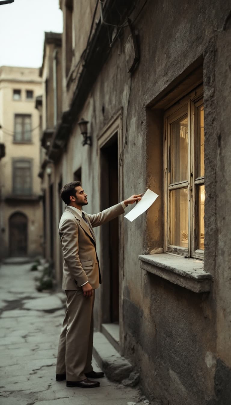 AI generated: A young man from the 1950s standing outside an old Iranian house in the narrow alley. The window of ...