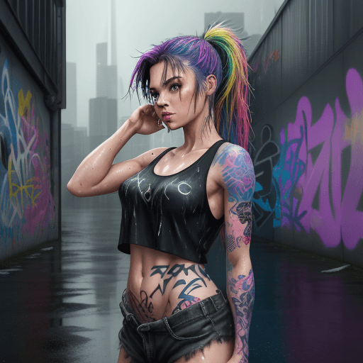 AI generated: masterpiece, concept art, centered, wide shot, front view, 1girl, wet, (rain, night), body tattoo, m...