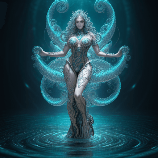 AI generated: beautiful woman Queen of ocean in spiral wave water, background glorious , perfect face, realistic, ...