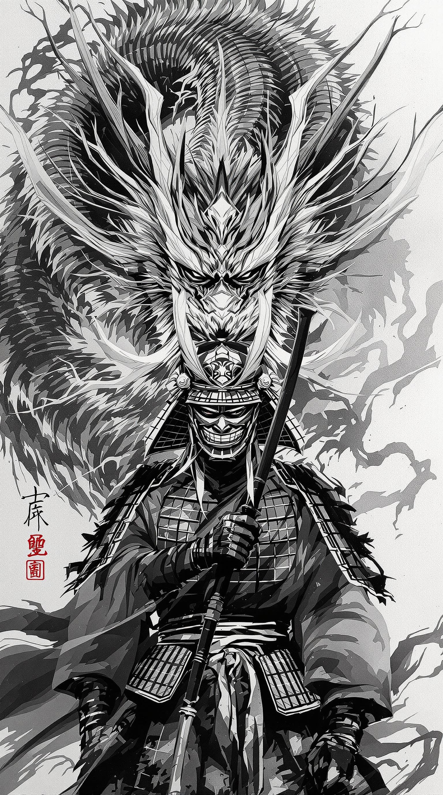 AI generated: Japanese samurai in front of a dragon, in the style of minimalist ink, light white and dark grey, go...