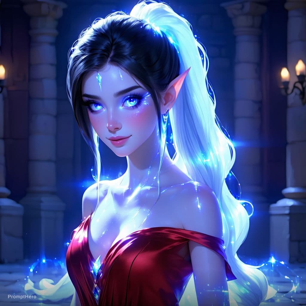 AI generated: 1GIRL, DRAENEI, PONYTAIL, (WHITE SKIN:1.3) , BLACK HAIR, SEMI-REALISTIC, FRONT VIEW, FAR VIEW, BIG B...