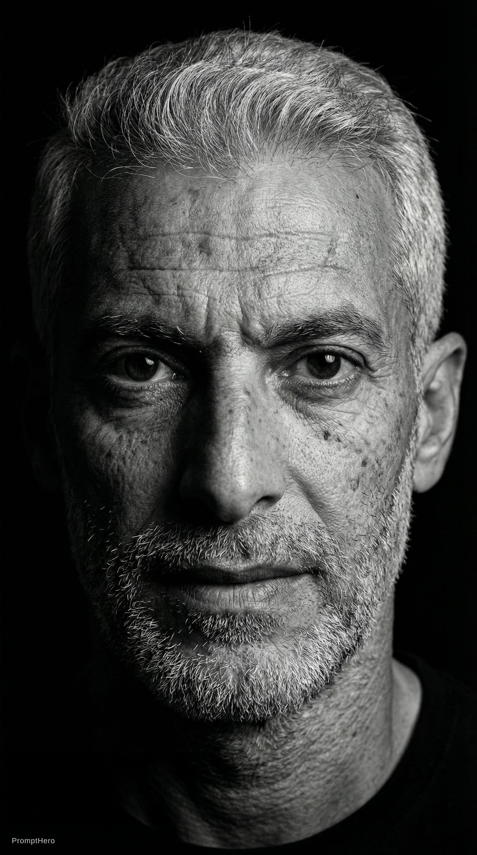 AI generated: High-definition black and white portrait of an attractive mature man, 60–80 years old. Minimalist be...
