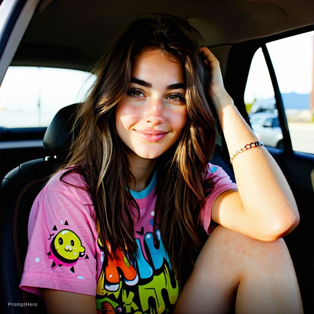 AI generated:  This is an informal portrait photograph of a young woman seated in the passenger seat of a car, loo...