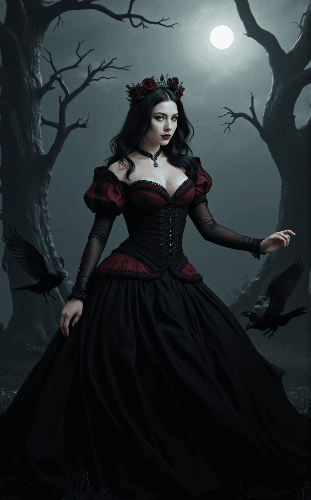 AI generated: In a hauntingly beautiful gothic scene, Snow White is reimagined with a pale, ethereal complexion an...