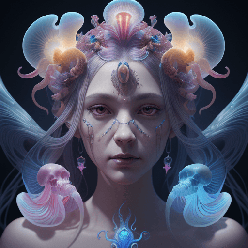AI generated: Goddess close-up portrait ribcagel. jellyfish phoenix head, nautilus, orchid, skull, betta fish, bio...