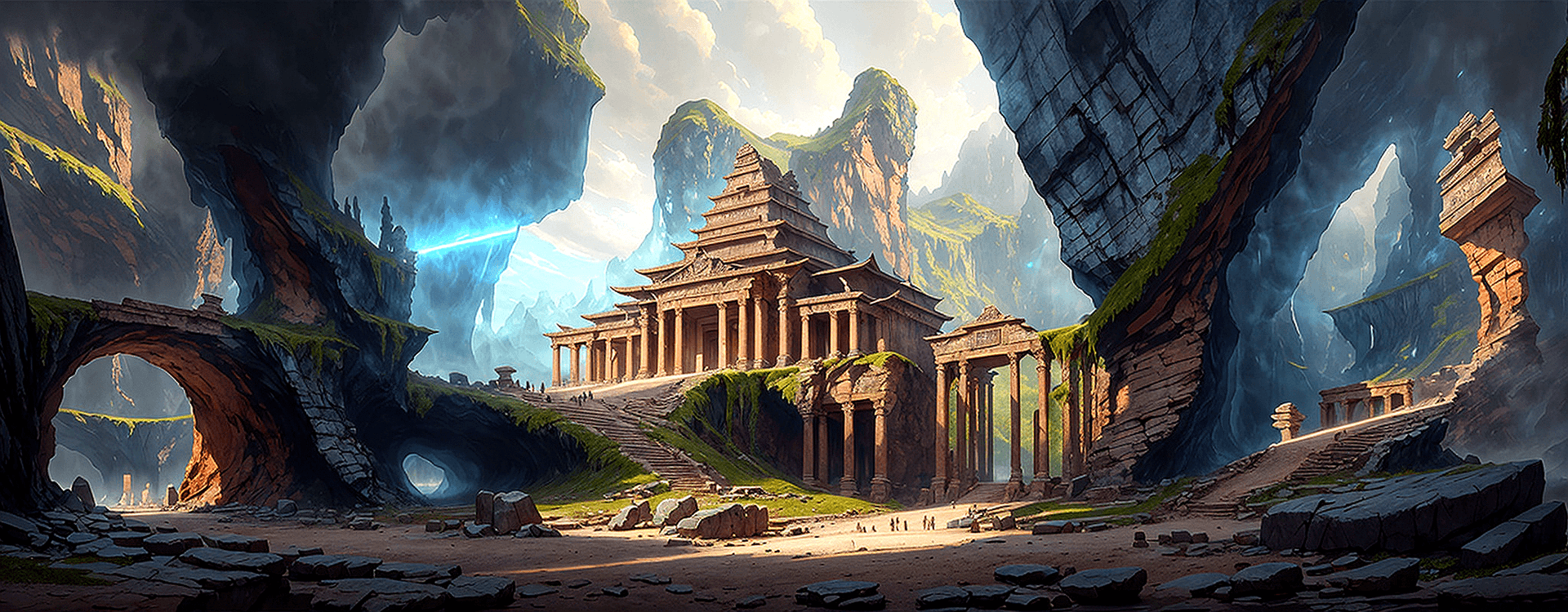 AI generated: giant cave with an ancient temple in the background, matte painting concept art, detailed matte pain...