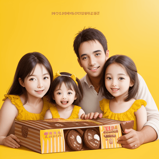 AI generated: portrait photography of a happy family sharing a chocolat cookie box on a yellow background, with ch...