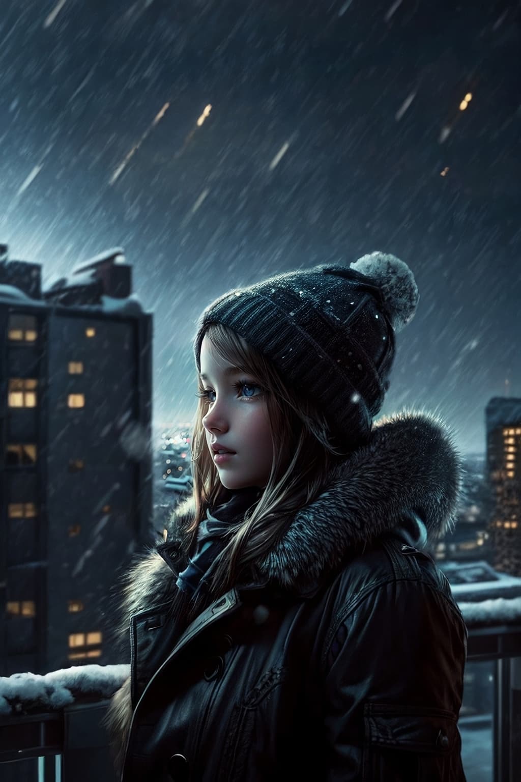 AI generated: girl at the roof, night city, cigarette, winter, darkness