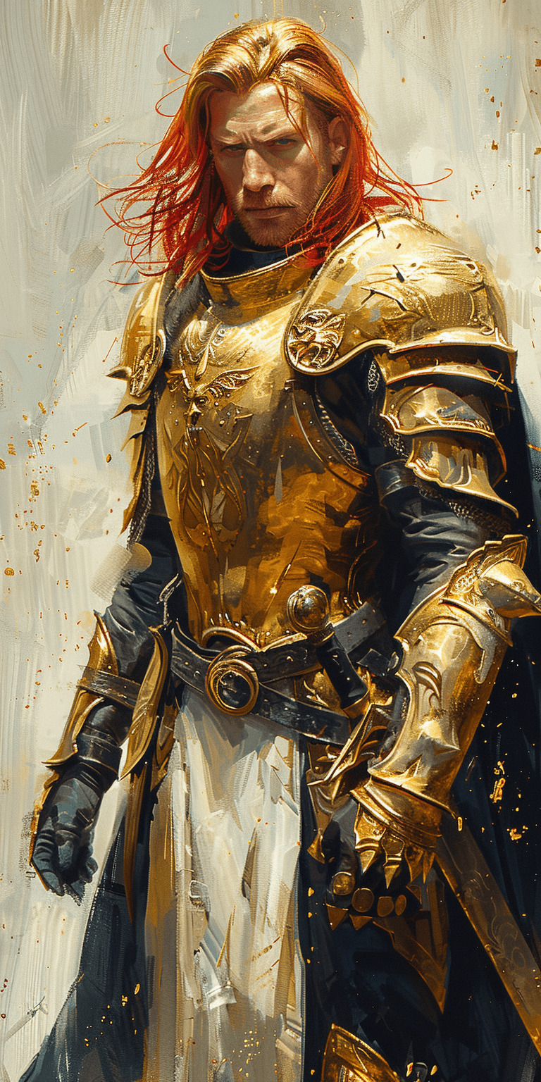 AI generated: Watercolor illustration of a golden knight with red hair in armor on a gold and white background, fa...