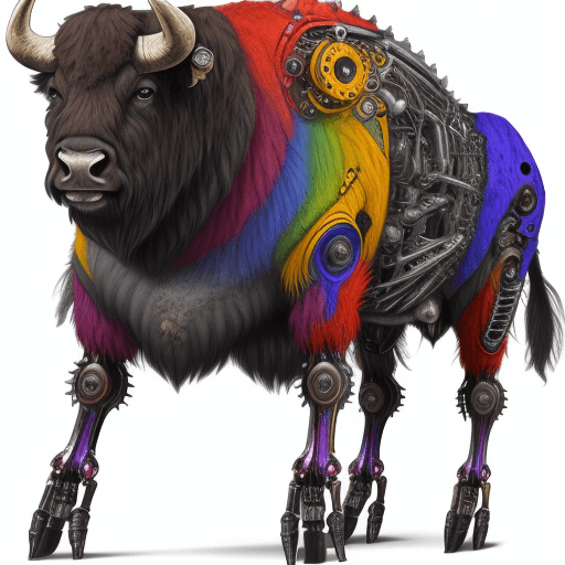 AI generated: multicolored biomechanical exoskeleton buffalo