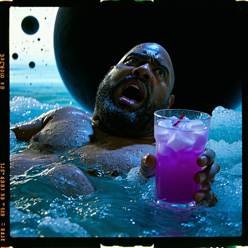AI generated: grainy 80's photograph quality polaroid of big fat bald neurotic fearful black man floating into a b...