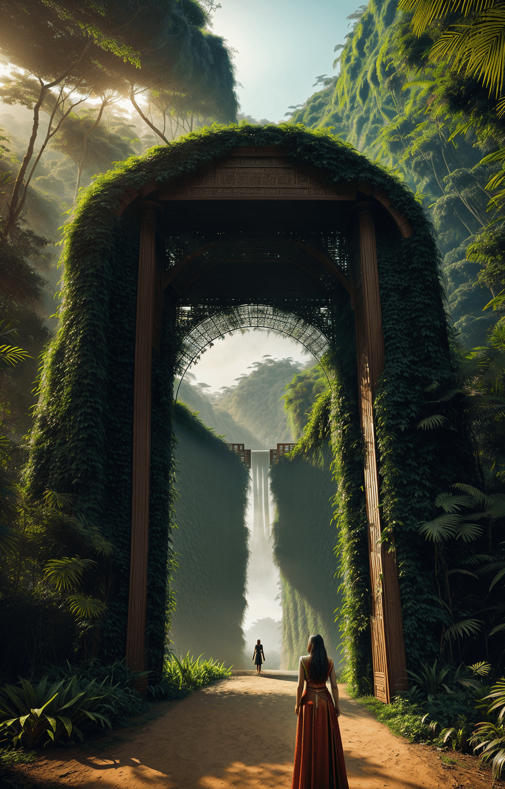 AI generated: the woman stands in front of a colossal giant gate in the jungle, in the style of cinematic sets, fe...