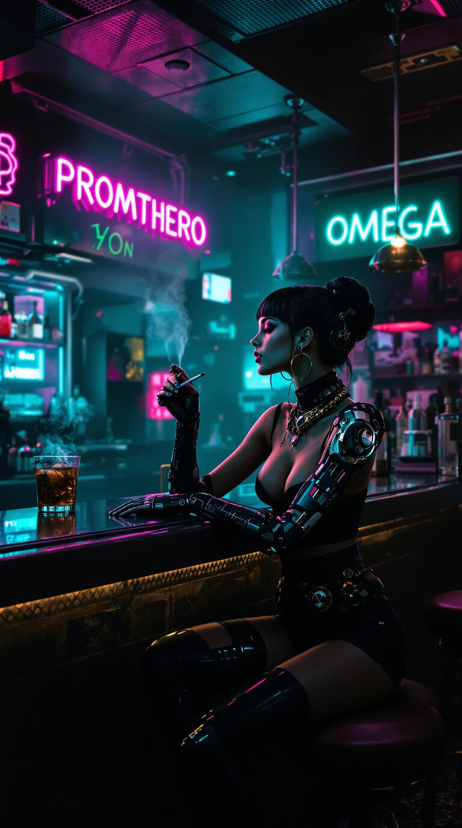 AI generated: A woman is sitting at the counter of a futuristic cyberpunk bar, wearing stylish clothing and a cybe...
