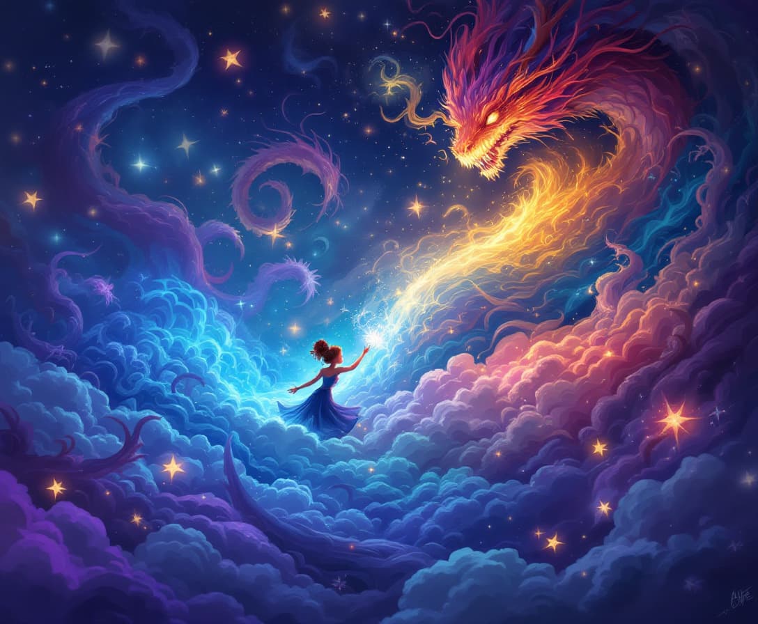 AI generated: enchanting scene depicting Aoife interacting with the dreams of a sleeping dragon, Pixar-inspired ar...