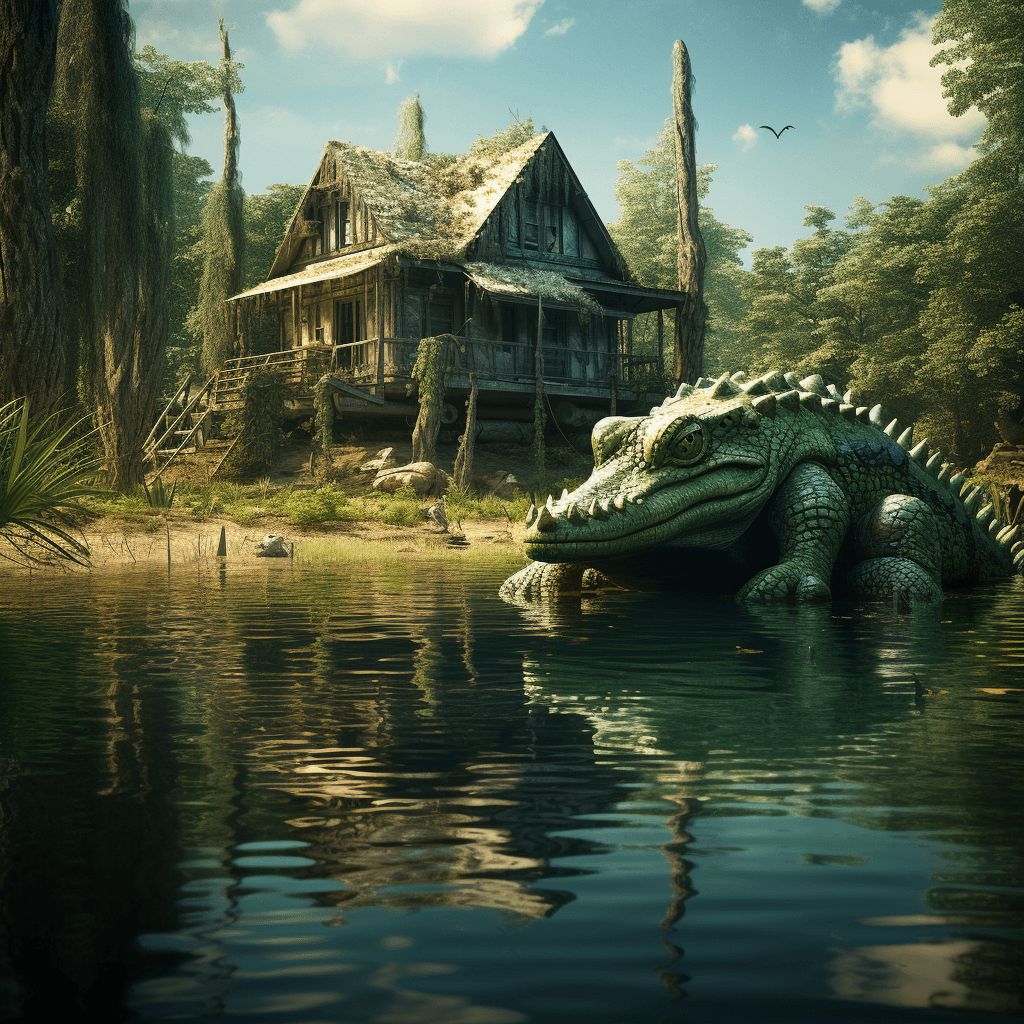AI generated: giant green lizard in front of a wooden house, crystal clear lagoon, strange vegetation on the shore...