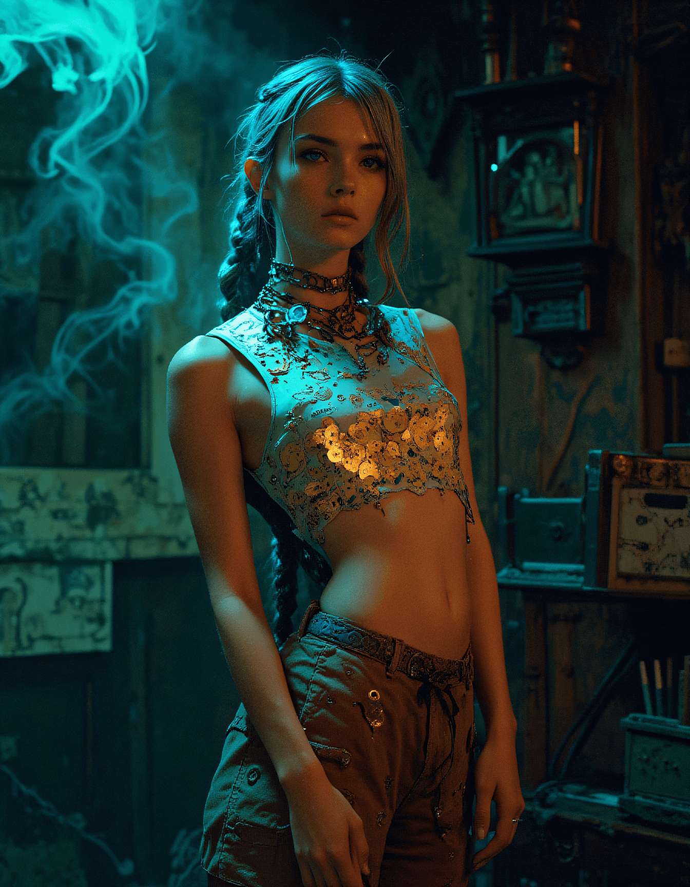 AI generated: Half Body Fantasy Fashion photo of a 
24 year old Uzbek-Inuit female enchanting storyteller 
with Wa...