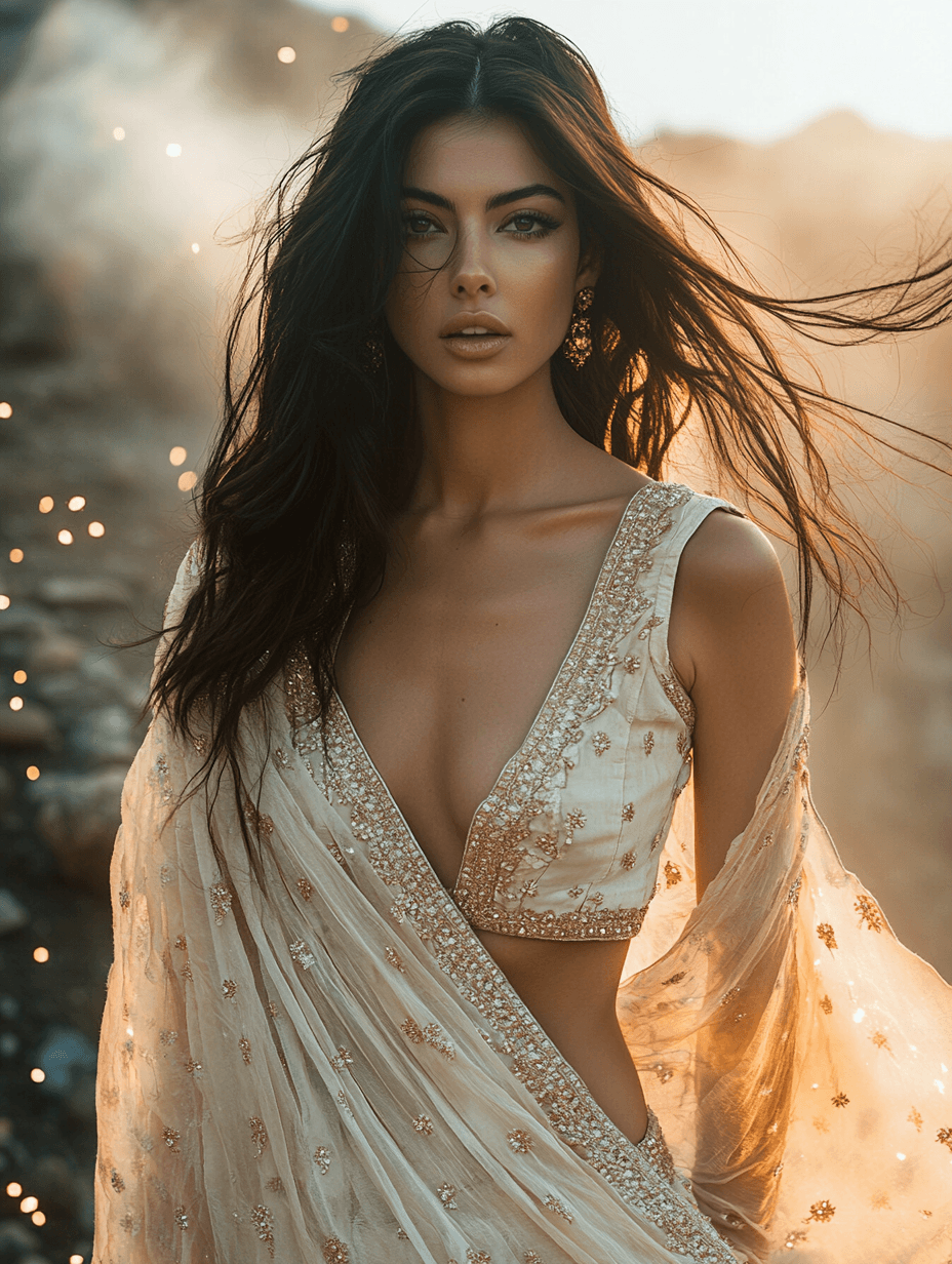 AI generated: A hyperrealistic breathtakingly beautiful Indian woman— her form radiating celestial grace. She stan...