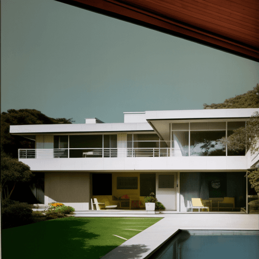 AI generated: Hyper realistic eye level exterior photo of a mid century modern style house overlooking the ocean, ...