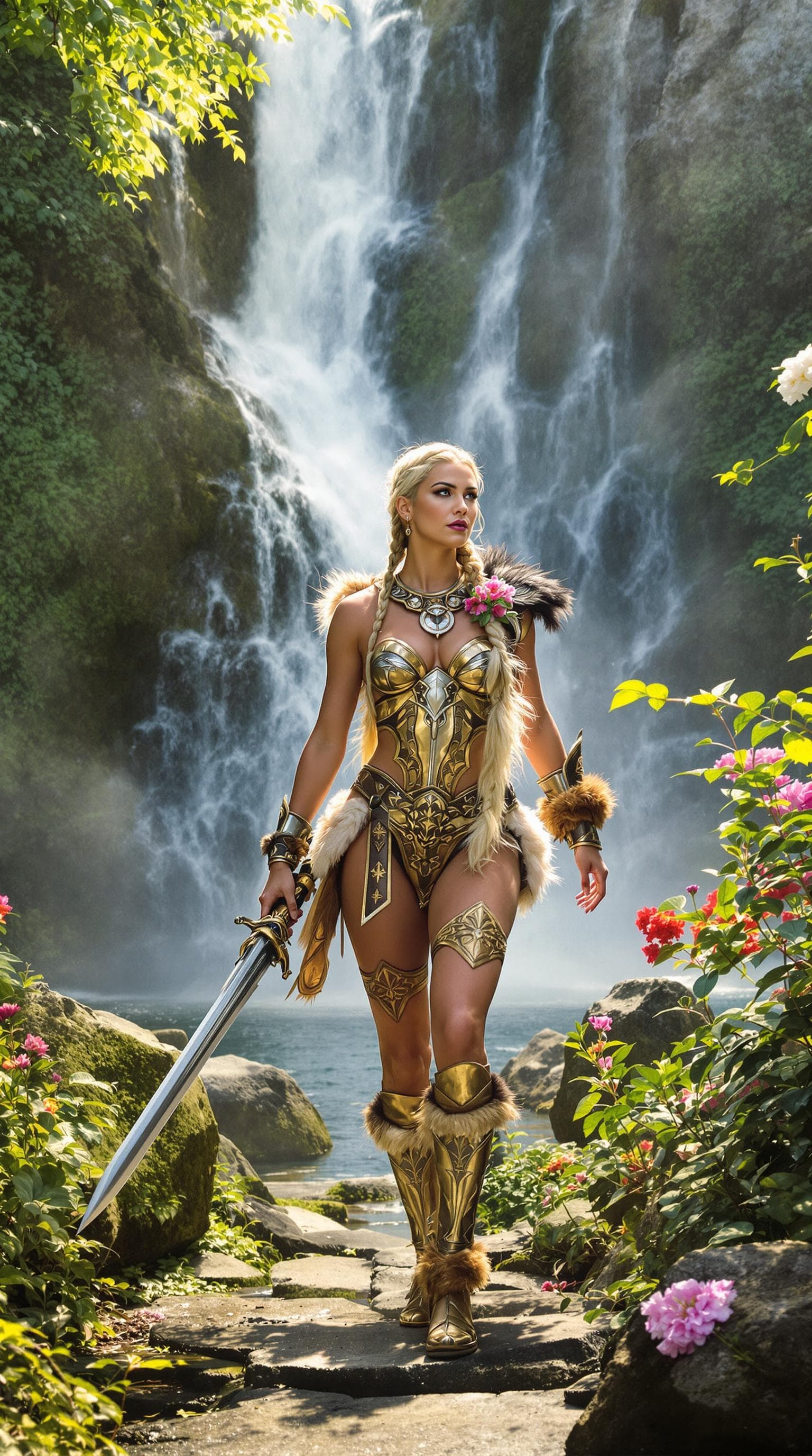AI generated: A stunning Viking warrior woman walking confidently near a majestic waterfall; her braided blonde ha...