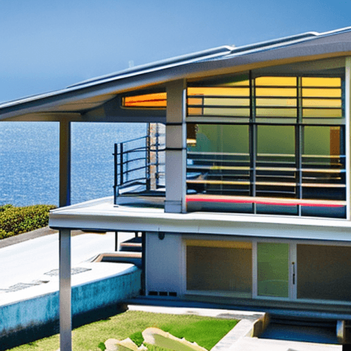 AI generated: Hyper realistic eye level exterior photo of a mid century modern style house overlooking the ocean, ...