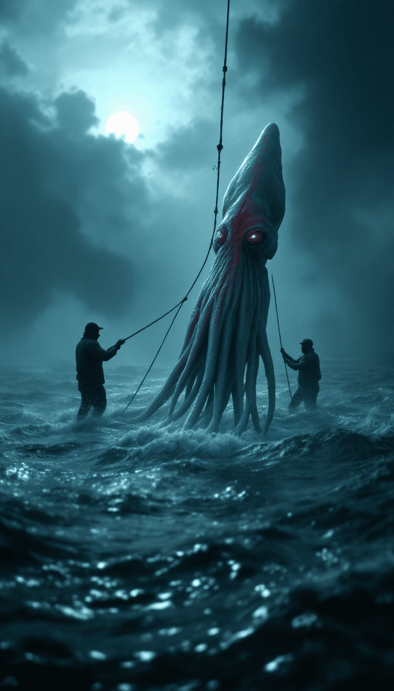 AI generated: fishermen try to pull a large, terrifying squid out of the ocean  | early morning dark ocean | heavy...
