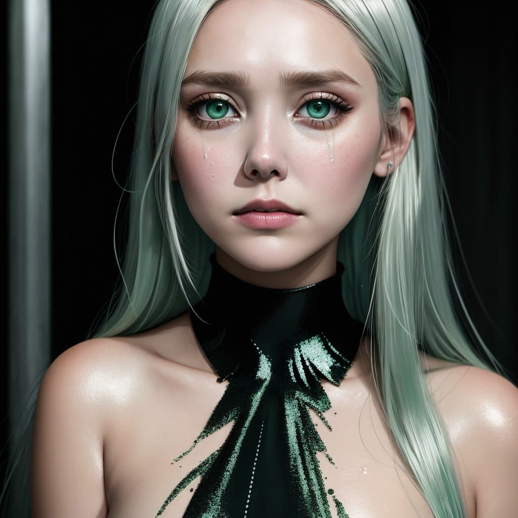 AI generated: close up portrait of elizabeth olsen, green eyes, platinum hair color, full body, stands in complete...