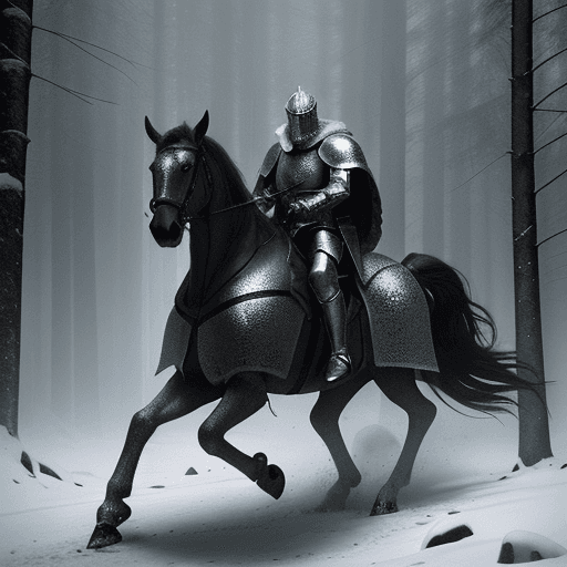 AI generated: A highly detailed illustration of a medieval knight trudging through a fierce snowstorm in a dense, ...