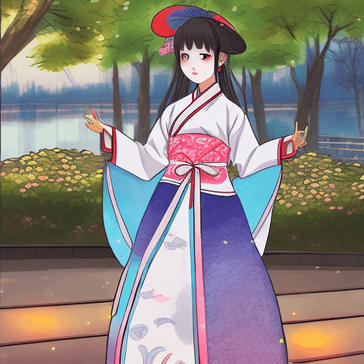 AI generated: a woman wearing hanbok at night near the han river, a cute and adorable anime style manga comic cart...