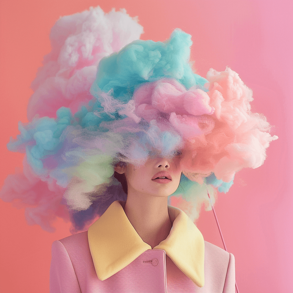 AI generated: A cotton candy with the colors of the rainbow Photo; is standing against a pink background, a Tumblr...