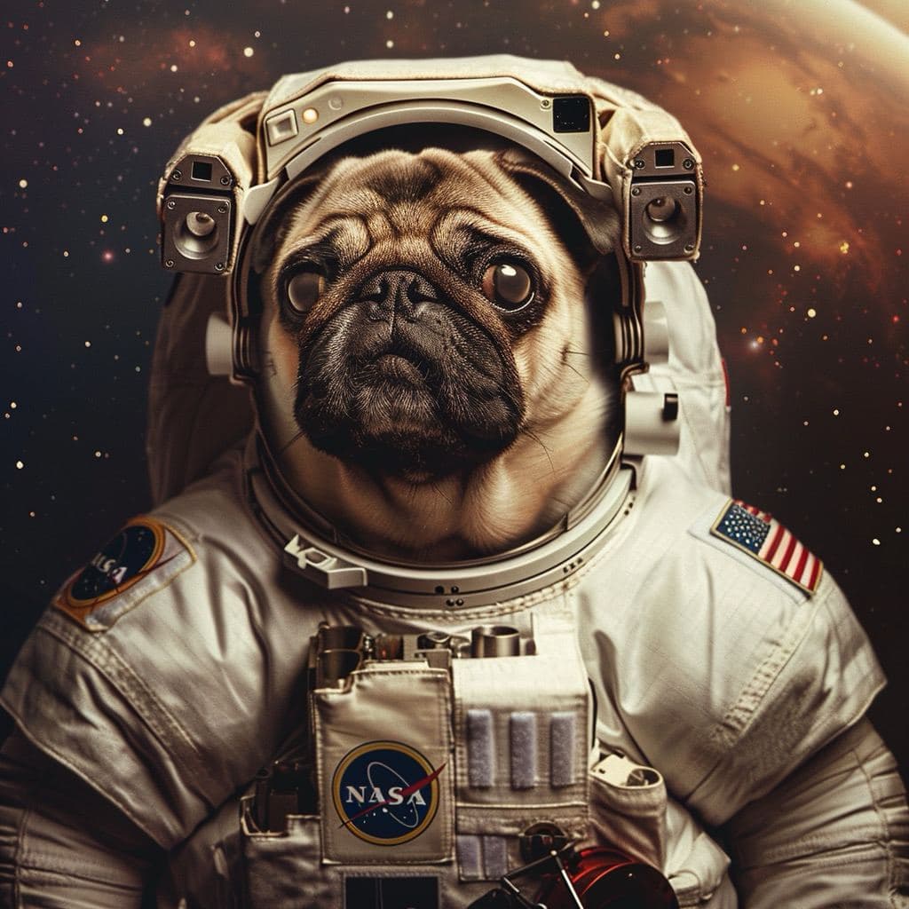 AI generated: photo of a pug in space. pug in a NASA astronaut costume. Around the stars. The picture is detailed ...