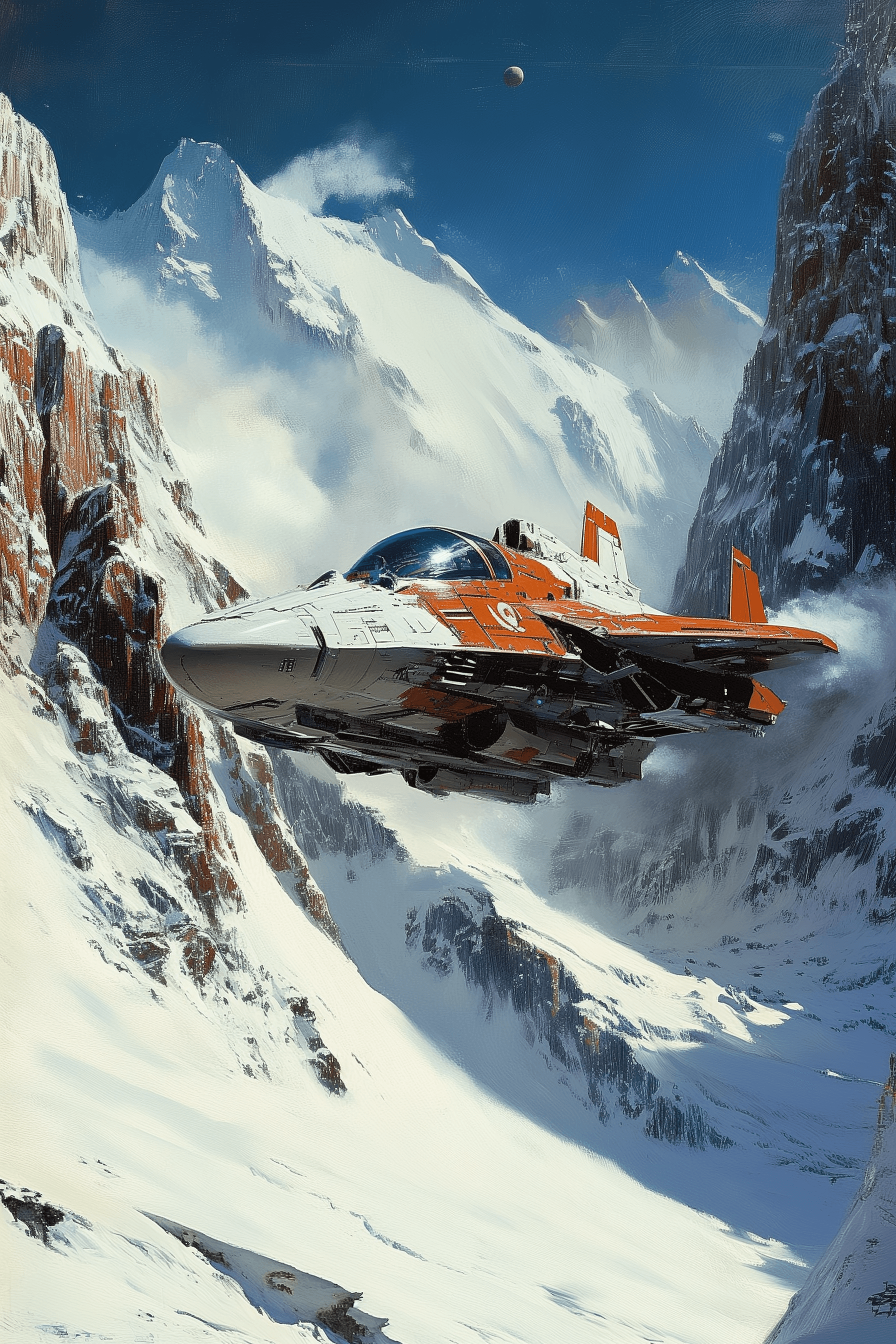 AI generated: A futuristic spaceship is flying over the snow covered mountains, in the style of Enki Bilal and Joh...