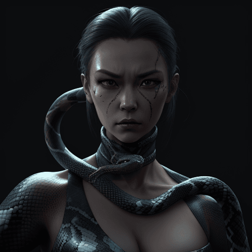 AI generated: trending on artstation, woman with snake on the neck dark, high detail, octane render, 8k, dancing m...