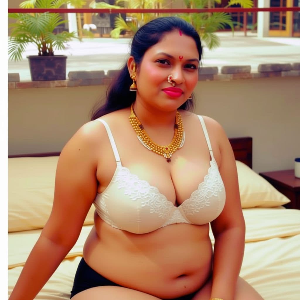 AI generated: hot glamour young indian aunty wearing only blouse without saree Only bra seating the bed 