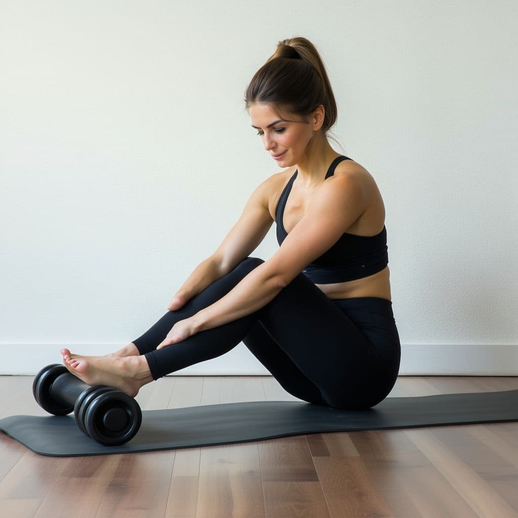 AI generated: a women in gym having foot pain (plantar fasciitis) using massage roller to release pain
