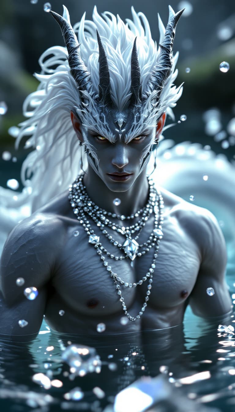 AI generated: A male model with white dragon 3d dragon face paint and silver necklaces in a metallic black , stand...