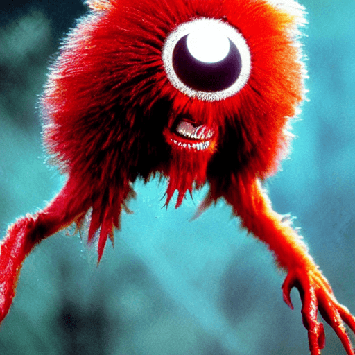 AI generated: 80s sci fi portrait of a red covid microbe with yellow eyes and spikes, designed by Weta Workshop, a...
